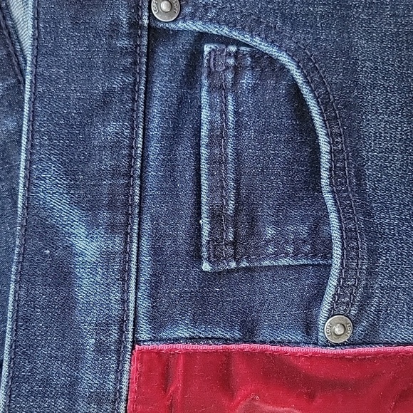 LOFT Dark Blue Skinny Jeans with Red Velvet Side Embellished Size 26/2 EUC - Picture 2 of 12